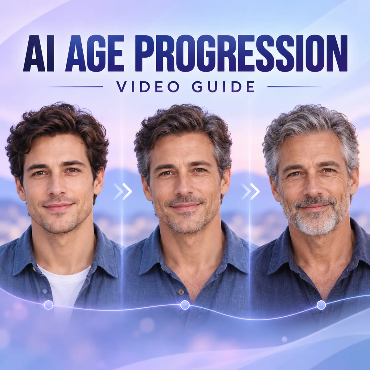 以虚构人物三个年龄阶段呈现的 AI 年龄变化视频概念插画